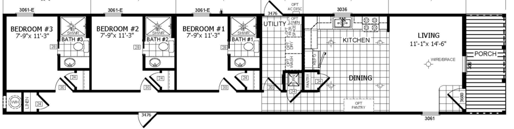 Here is a 3 bedroom 3 bathroom workforce H2A housing cabin with private rooms, kitchen, living and a porch 